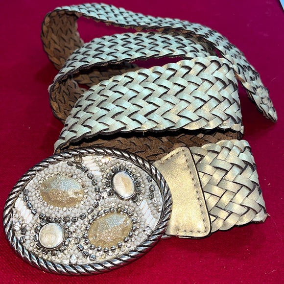 Chicos BLING beige white gem stone WIDE hook BELT beaded OVAL BUCKLE braided 41” - Picture 2 of 13